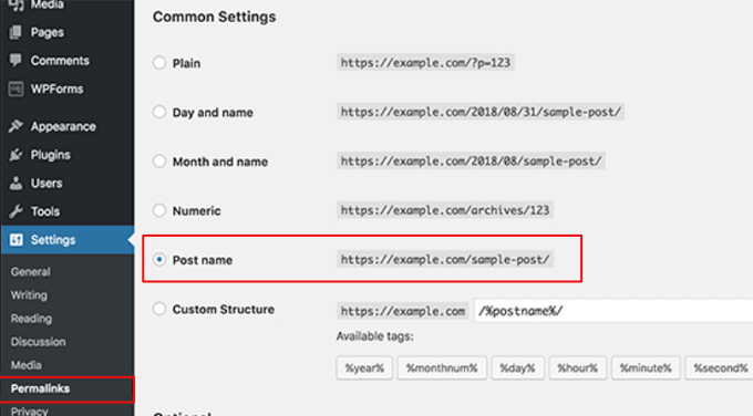 إعدادات الرابط الثابت لـ WordPress WordPress' permalink settings