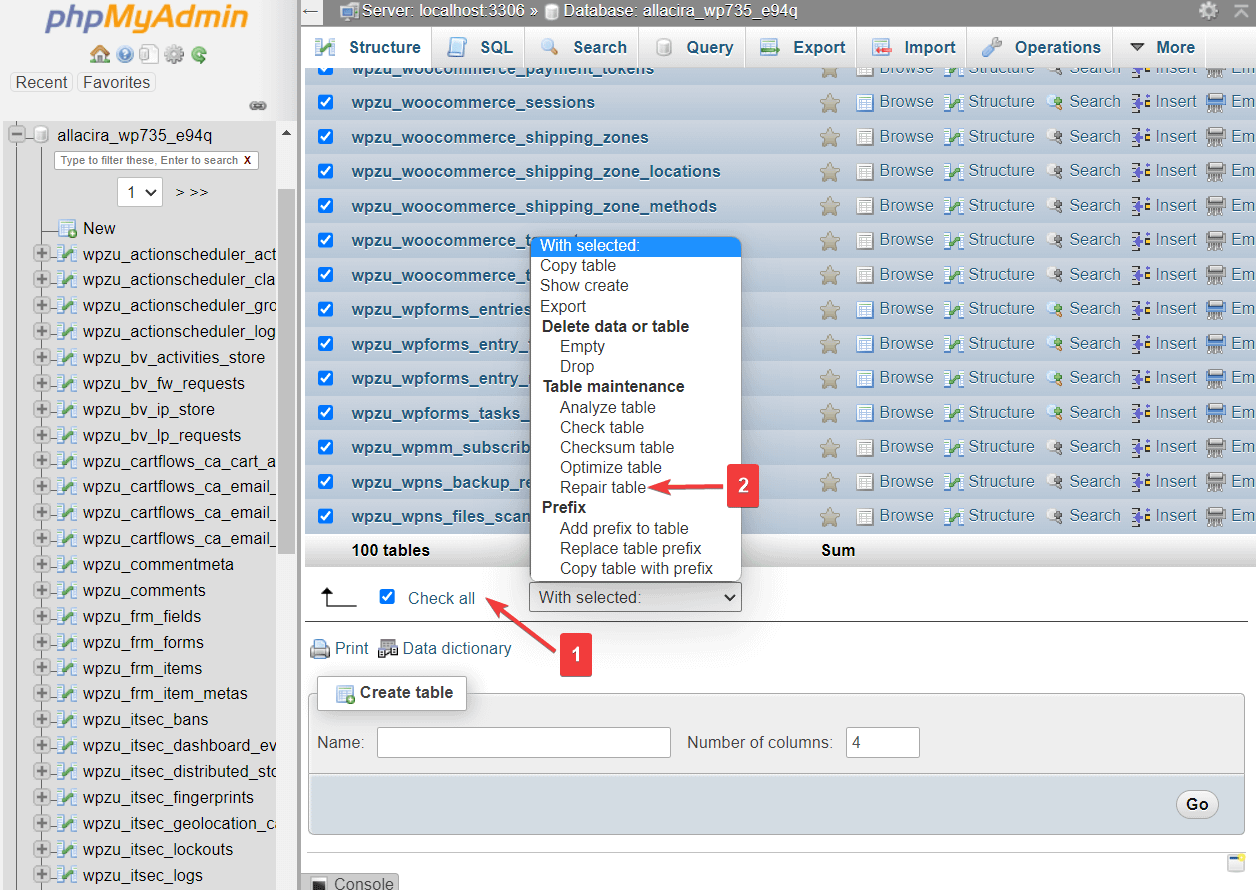 tabel perbaikan di database wordpress phpmyadmin