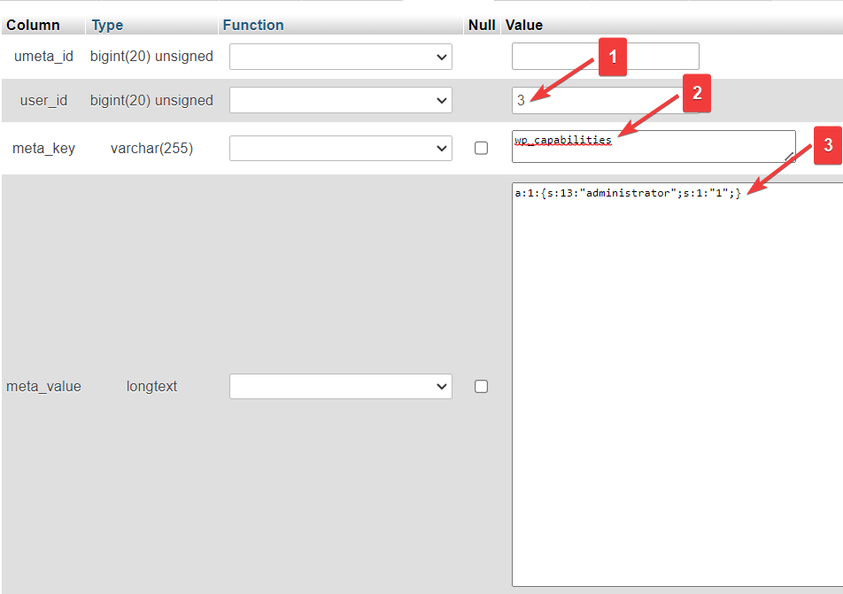 mengedit deskripsi meta pengguna di phpmyadmin