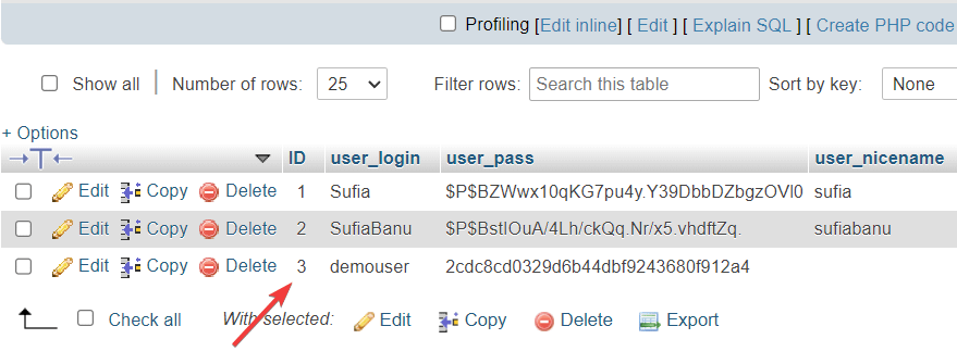 id pengguna di database wordpress