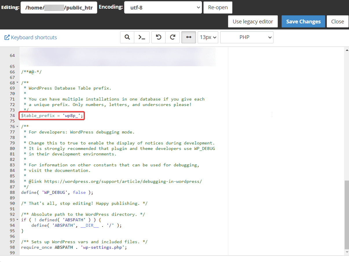 mengubah awalan basis data di wpconfig