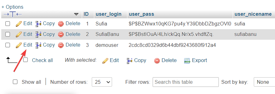 mengedit pengguna di database phpmyadmin