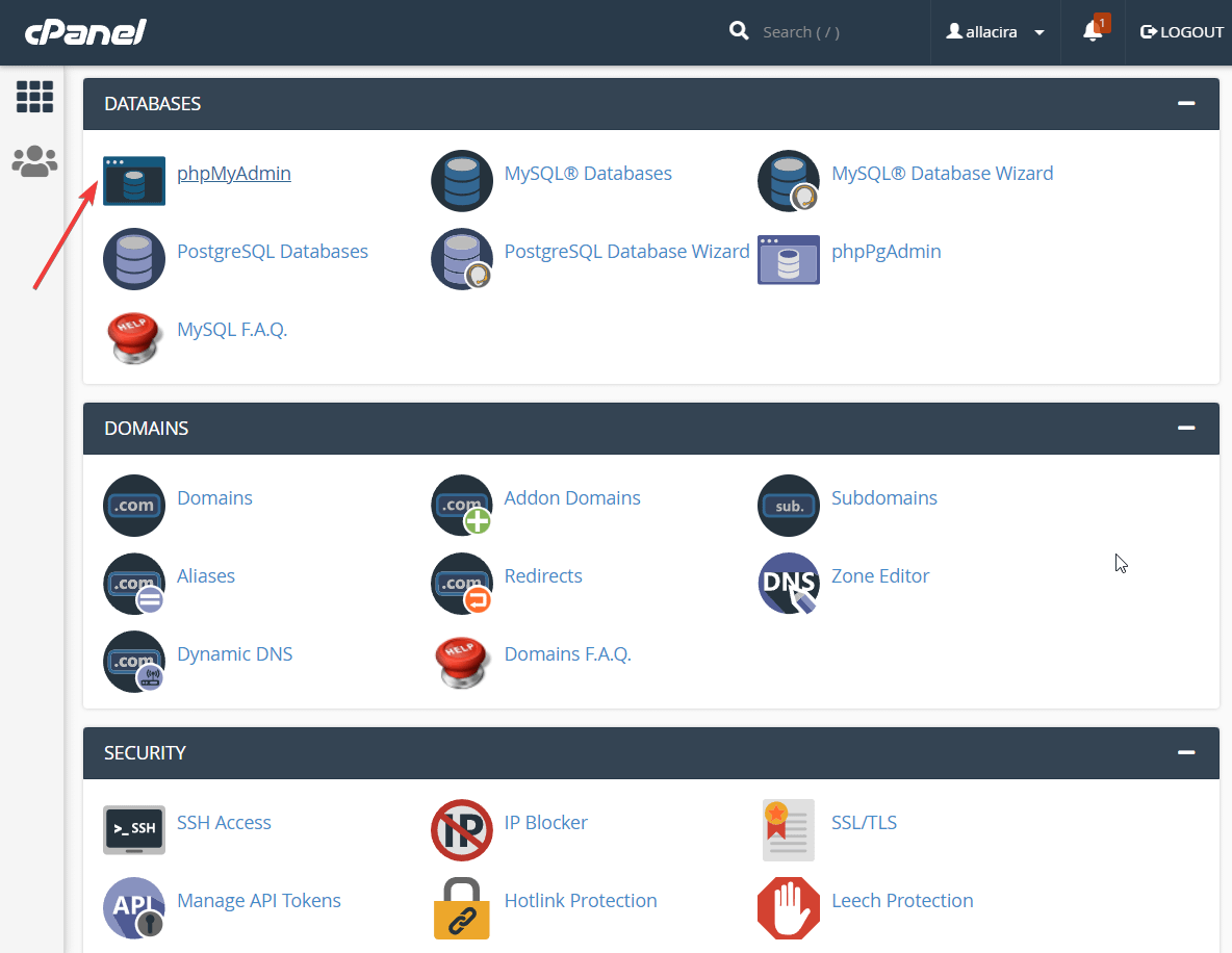 menemukan phpmyadmin di cpanel