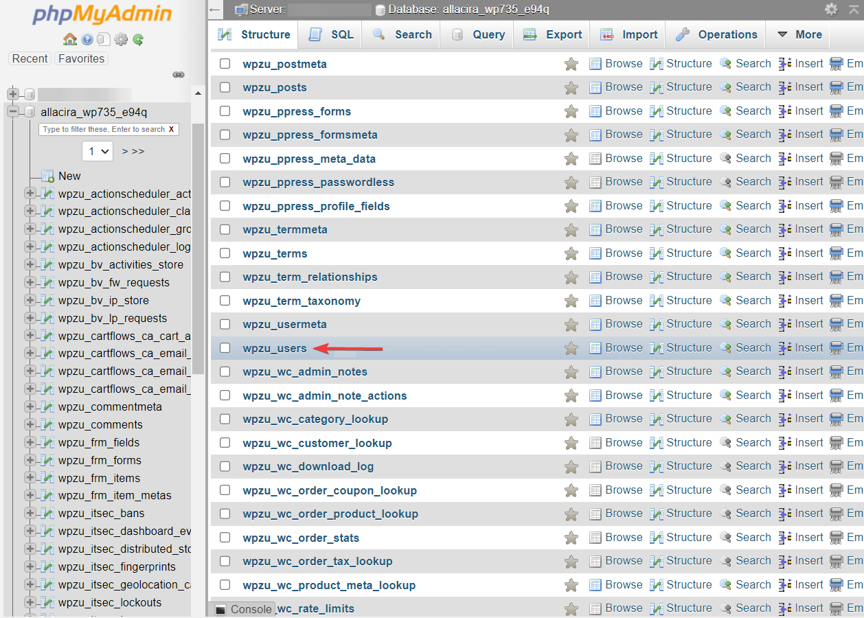 tabel pengguna di database wordpress
