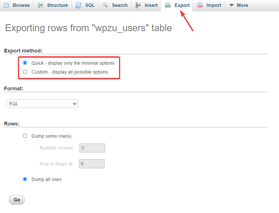 opsi ekspor kustom cepat di database wordpress