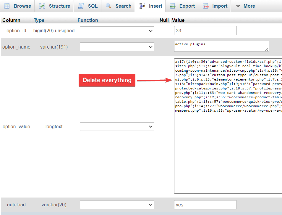 hapus konten nilai opsi dalam database phpmyadmin