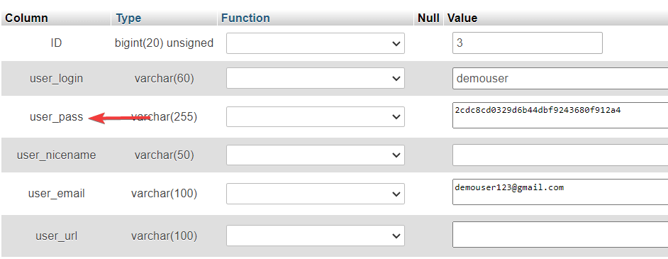 opsi kata sandi pengguna di wordpress phpmyadmin