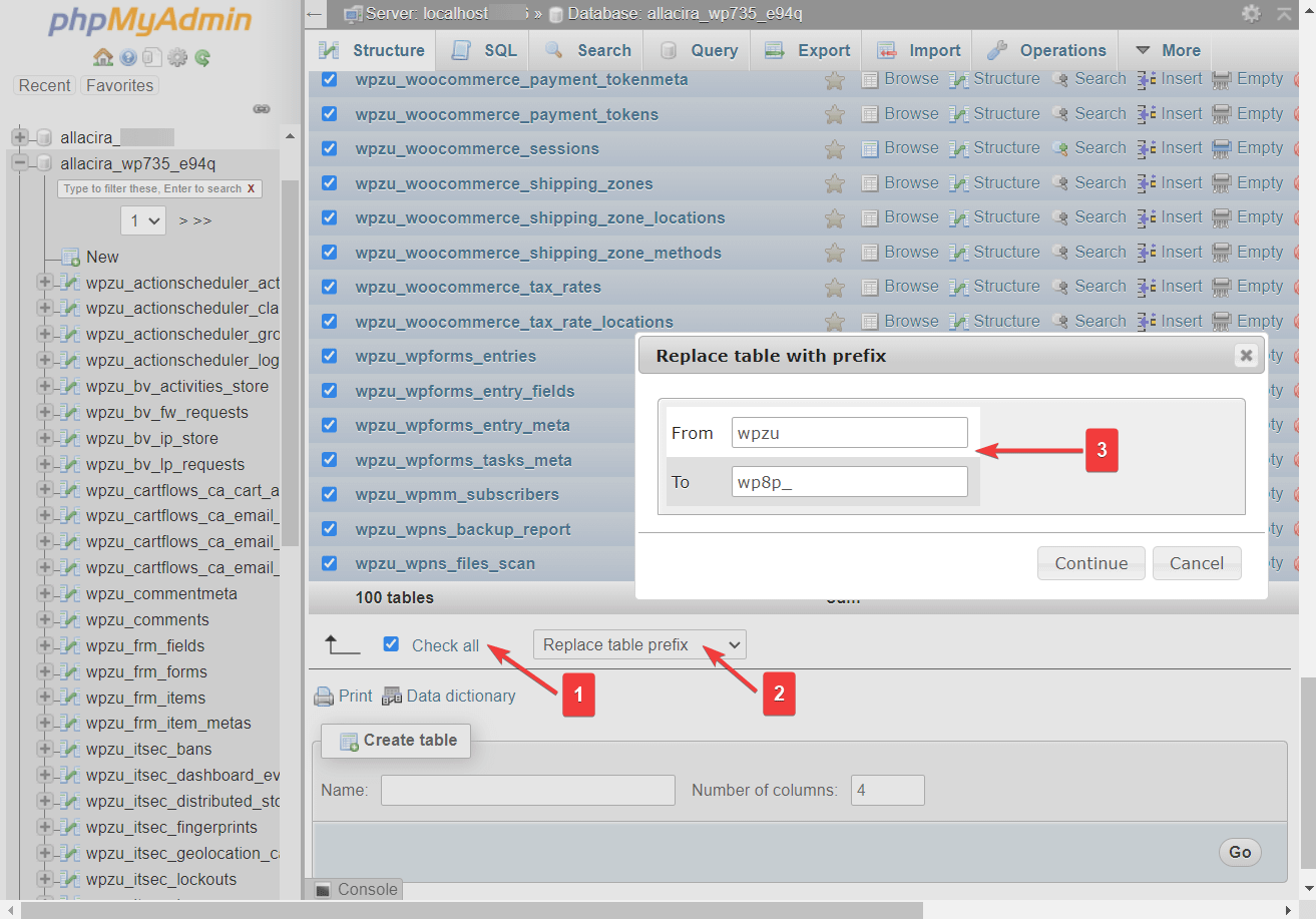 ganti nama awalan basis data di phpmyadmin