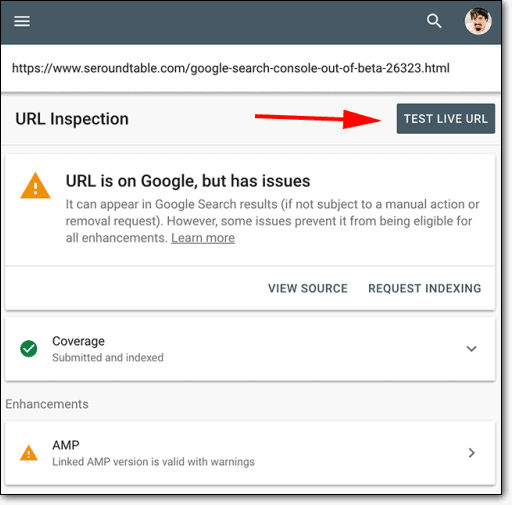 tombol uji langsung alat inspeksi url google search console.