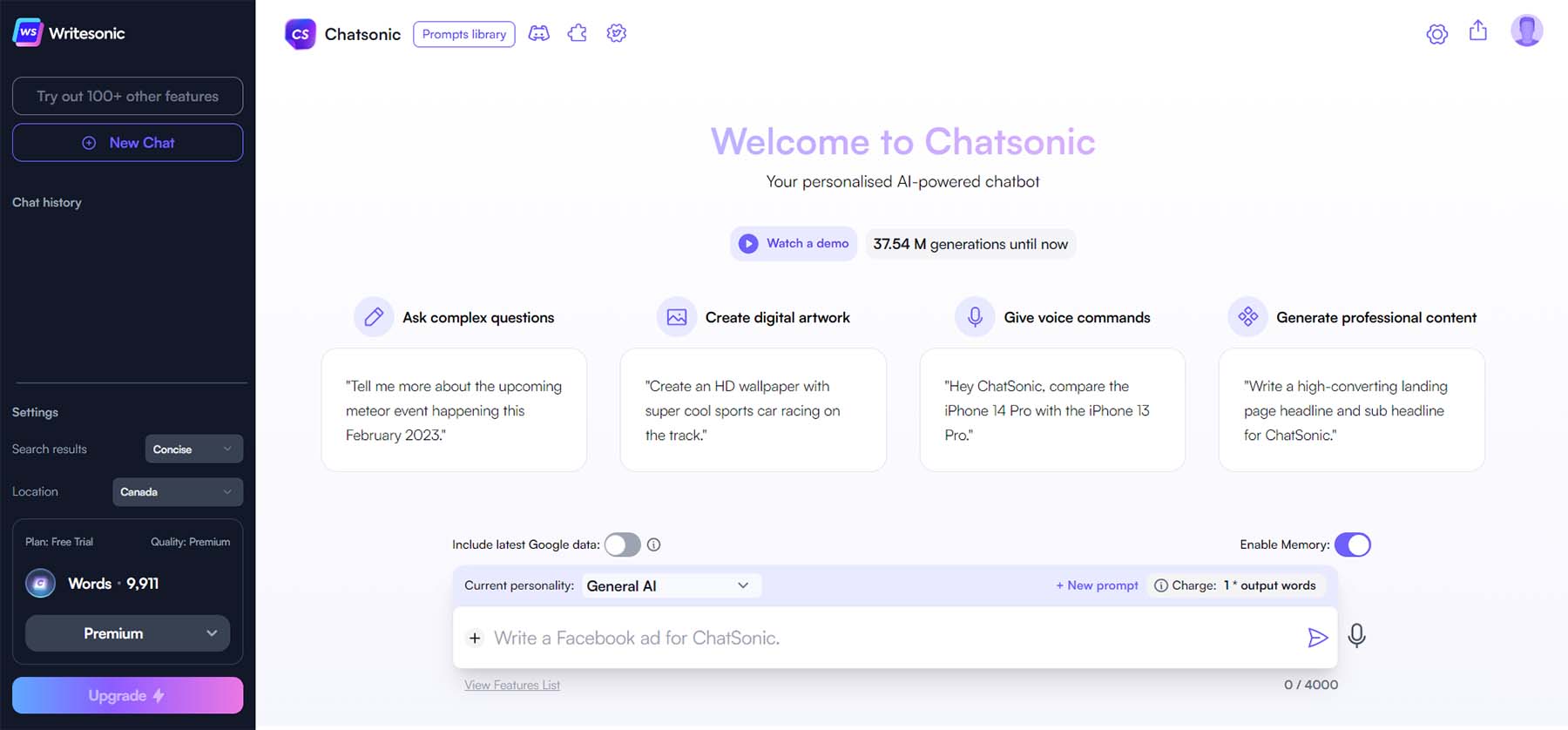 Tablero de Chatsonic