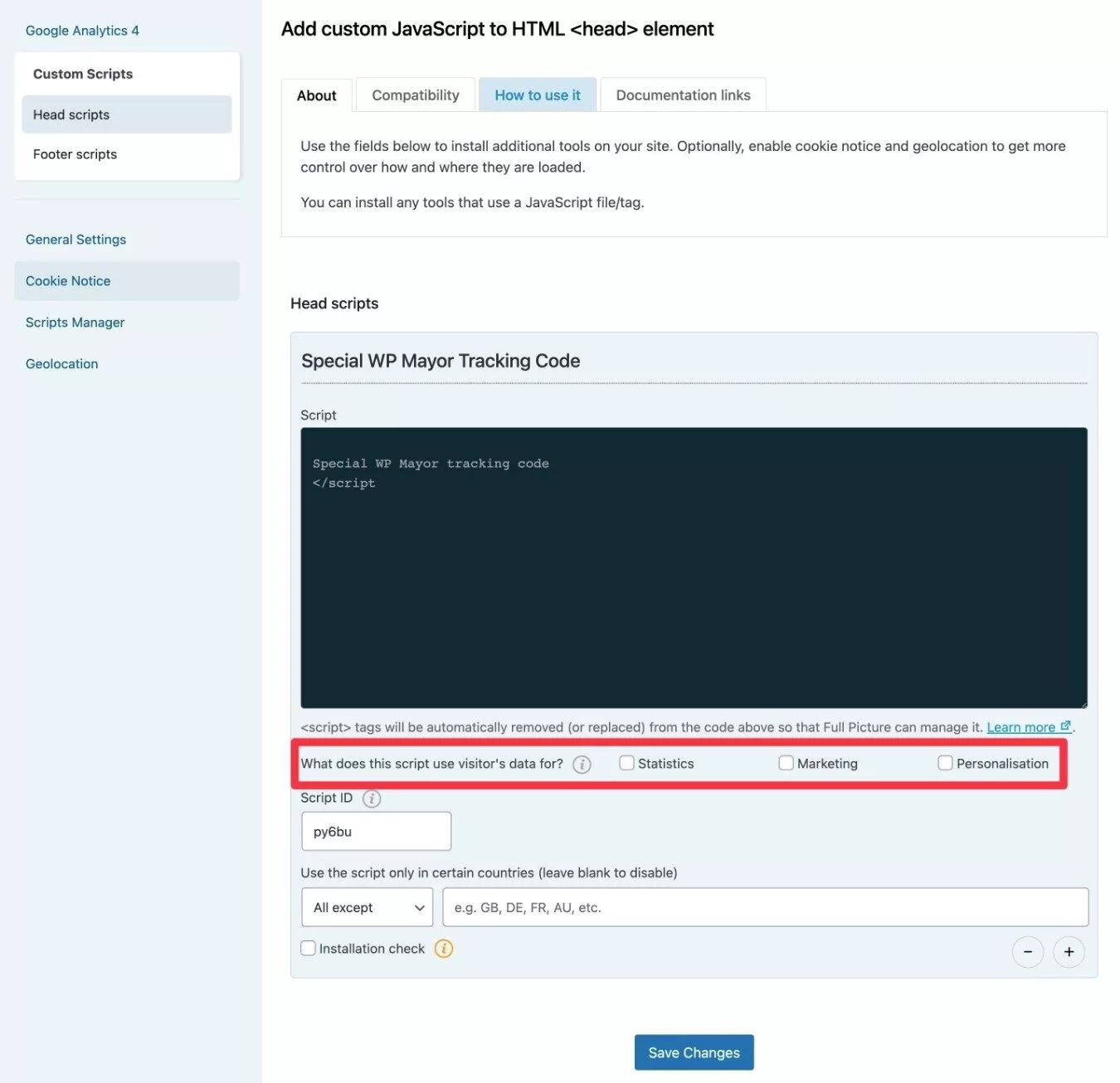 Agregar un script personalizado a WP FullPicture