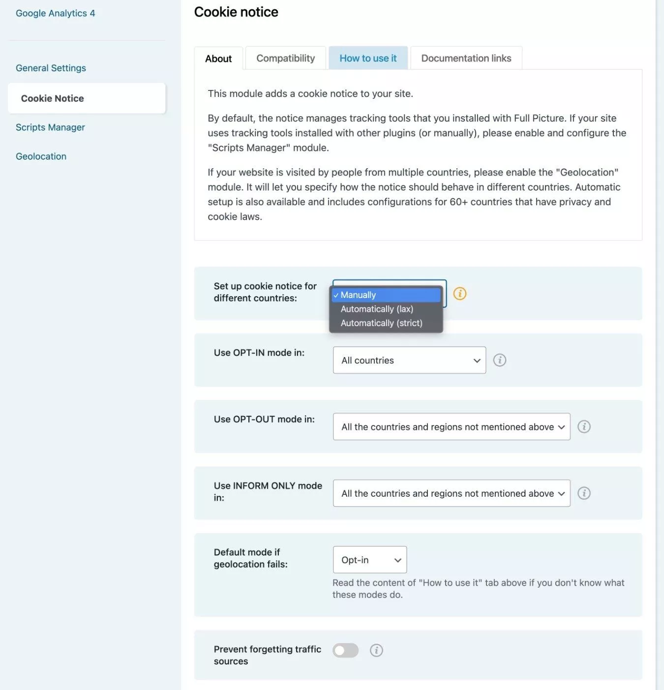 Configuración del aviso de consentimiento de cookies