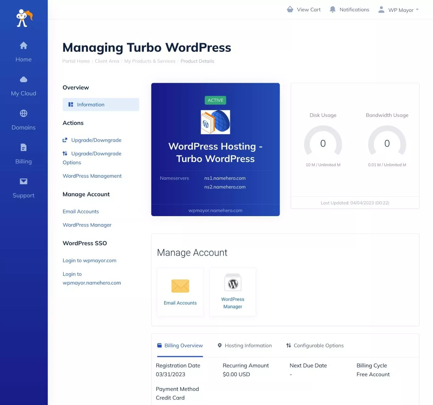 NameHero WordPress-Hosting-Dashboard