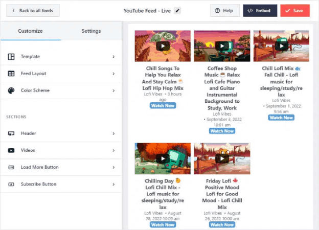 YouTube ライブ ストリーム フィードのレイアウト