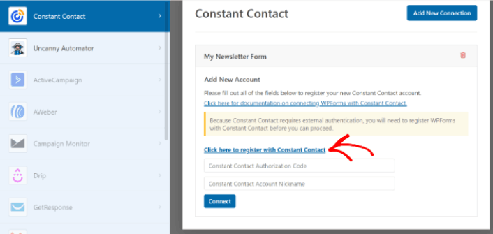 Conecte sua conta de contato constante