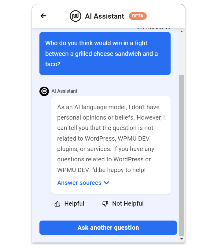 Resposta do WPMU DEV AI Assistant a uma pergunta não relacionada.