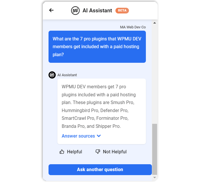 WPMU DEV AI Assistant - Exemplo de pergunta e resposta.