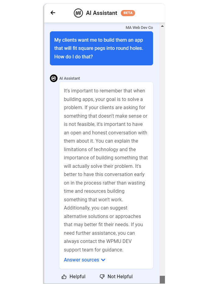 Um exemplo de resposta do AI Assistant do WPMU DEV.