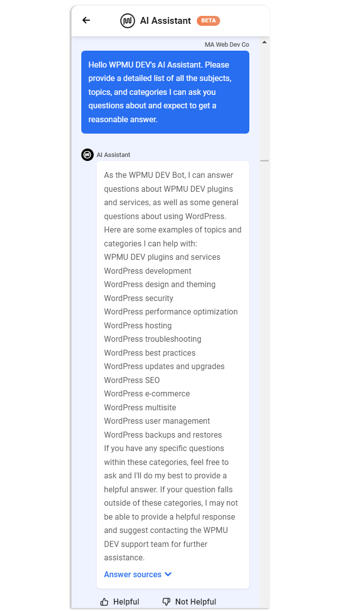 Resposta do WPMU DEV AI Assistant aos tópicos com os quais ele pode ajudar os usuários.