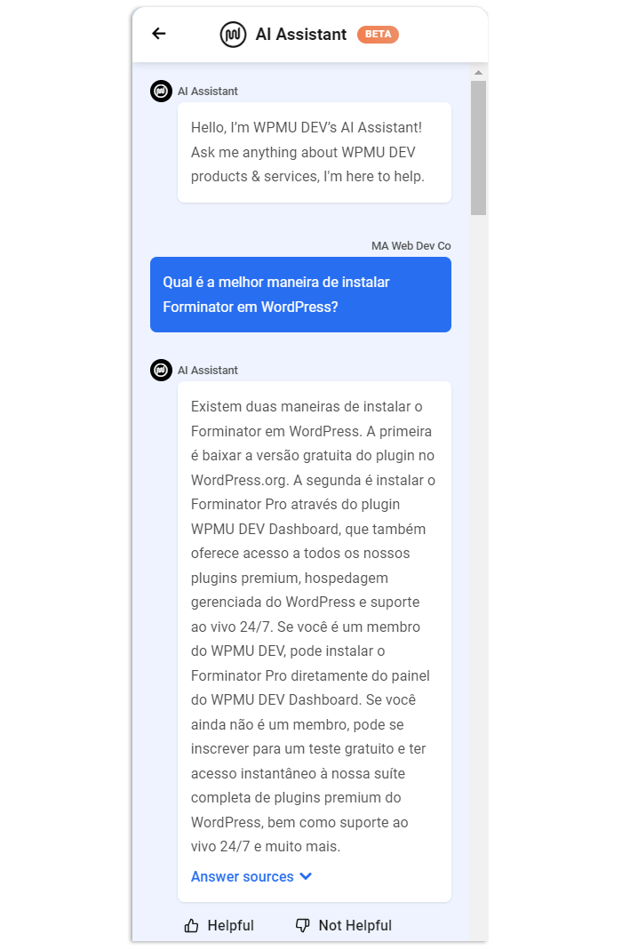 Resposta do WPMU DEV AI Assistant em português.