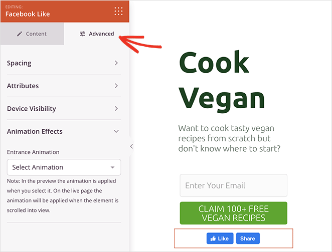 impostazioni avanzate del pulsante simile a Facebook SeedProd Advanced Facebook like button settings