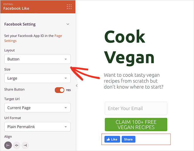 impostazioni del pulsante simile a facebook SeedProd Facebook like button block settings