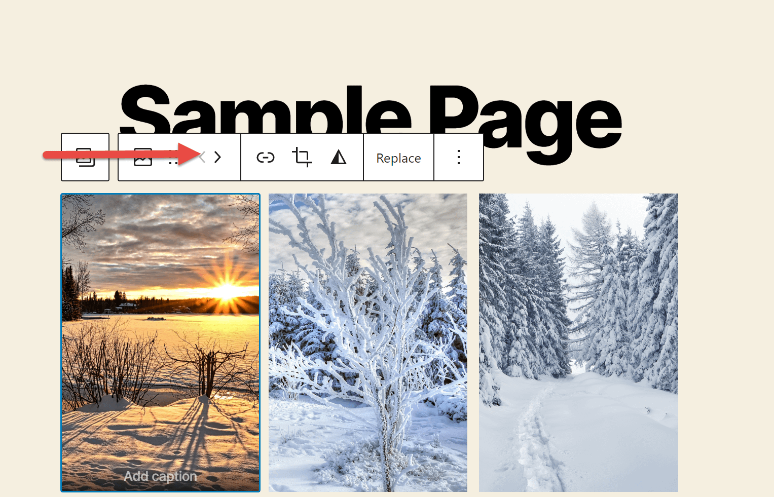 Come creare una galleria in WordPress: blocco galleria con le opzioni di modifica delle immagini aperte e una freccia rossa che punta allo strumento sposta immagine