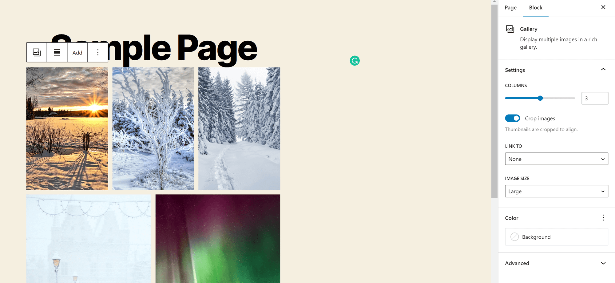 Come creare una galleria in WordPress: blocco galleria con immagini in posizione e impostazioni visibili nella barra laterale