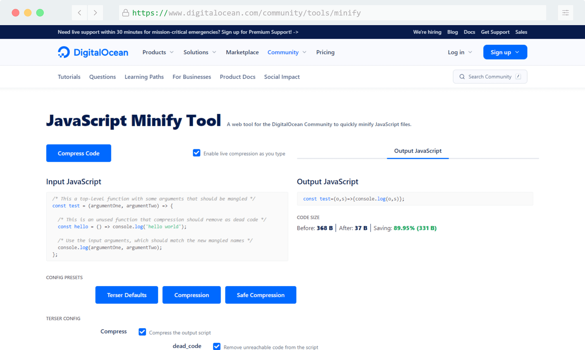 Ferramenta JavaScript Minify da Digital Ocean