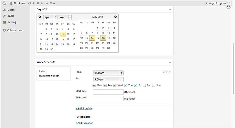 panoramica dello scheduler birchpress