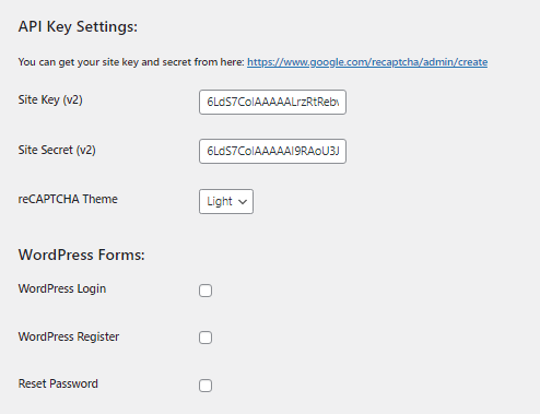 Ustawienia klucza API - dodaj CAPTCHA do kasy WooCommerce
