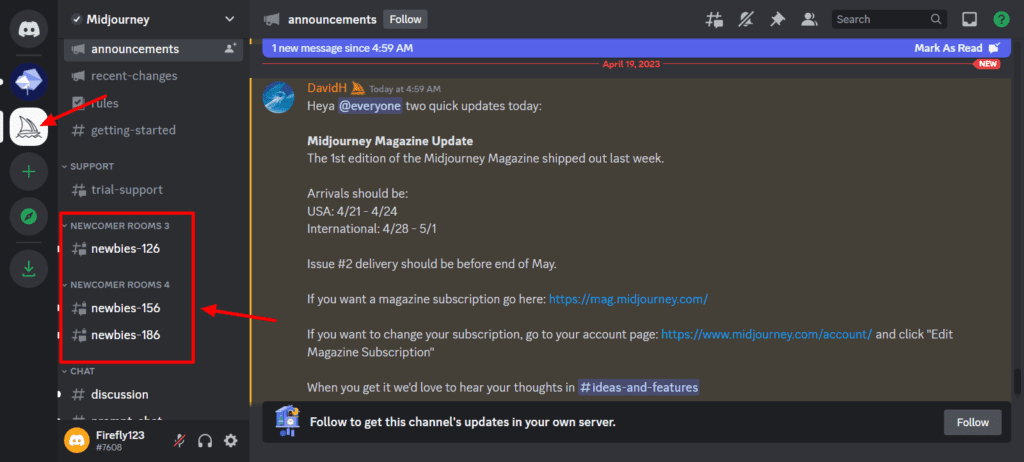 Midjourney Discord sunucusundaki acemi odalarına katılma