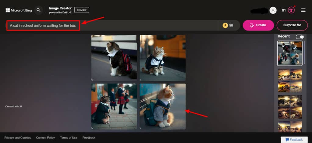 Bing Image Creator'da bir bilgi istemi sağlama