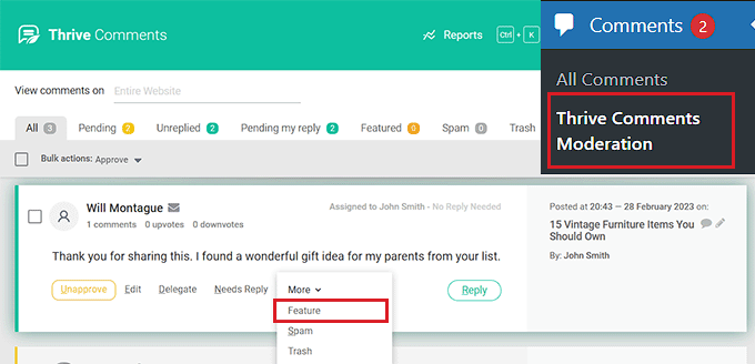 Feature-Kommentar aus dem Dropdown-Menü Feature comment from dropdown menu