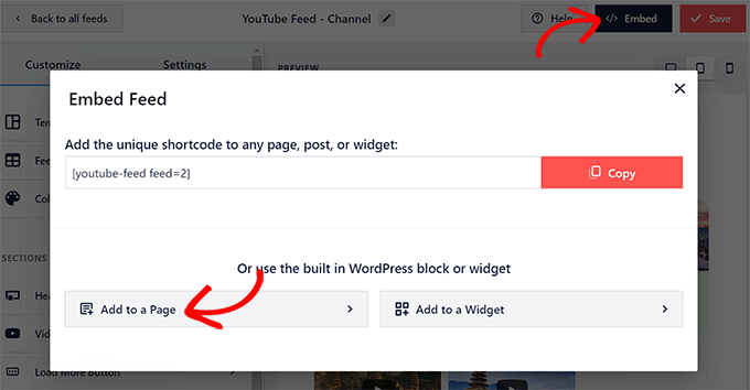 Klicken Sie auf die Schaltfläche Einer Seite hinzufügen, um den YouTube-Feed einzubetten Click Add to a page button to embed YouTube feed