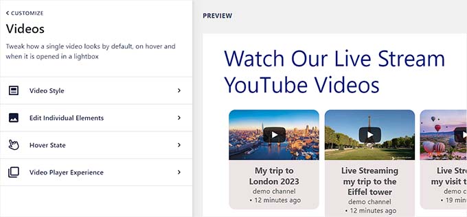 Option für das Videobedienfeld Videos panel option