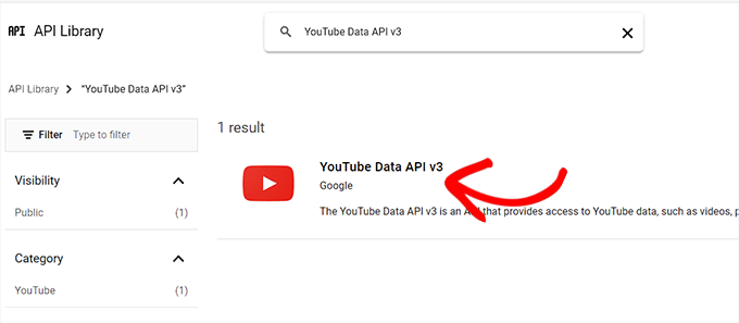 Suchen Sie nach der Option YouTube-Daten-API v3 Search for the YouTube data API v3 option
