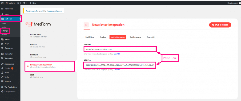 Fügen Sie den API-Schlüssel und die URL für die ActiveCampaign-WordPress-Integration hinzu