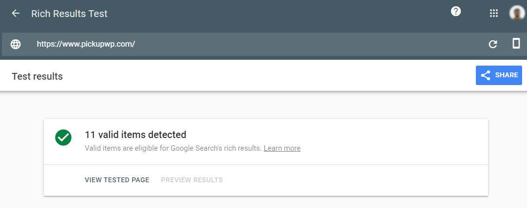 Risultati dello strumento di test dei dati strutturati di Google per Pickup WP
