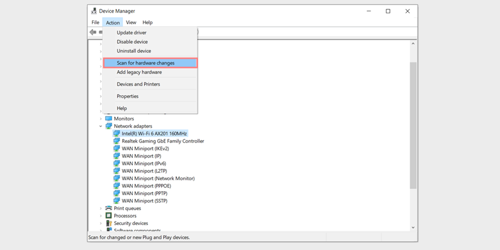 如何修复 DNS_PROBE_FINISHED_NO_INTERNET 错误? 12 Scanning for Hardware Changes in Network Adapter