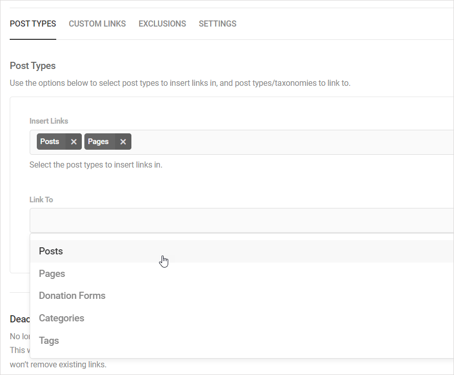 SmartCrawl: Conectare automată - fila Tipuri de postare - Legătură către meniul drop-down câmp.