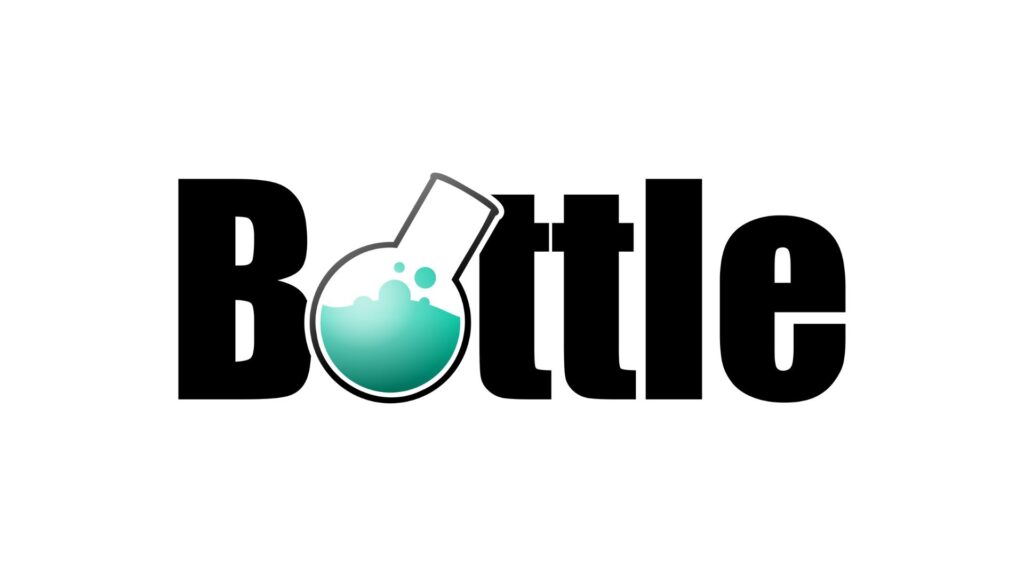 La parola "Bottiglia" con un pallone ruotato con acqua che sostituisce la lettera "O".