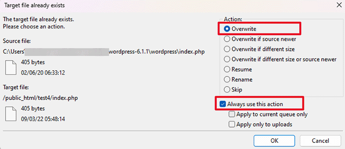 覆盖 WordPress 核心文件 Overwrite WordPress core files