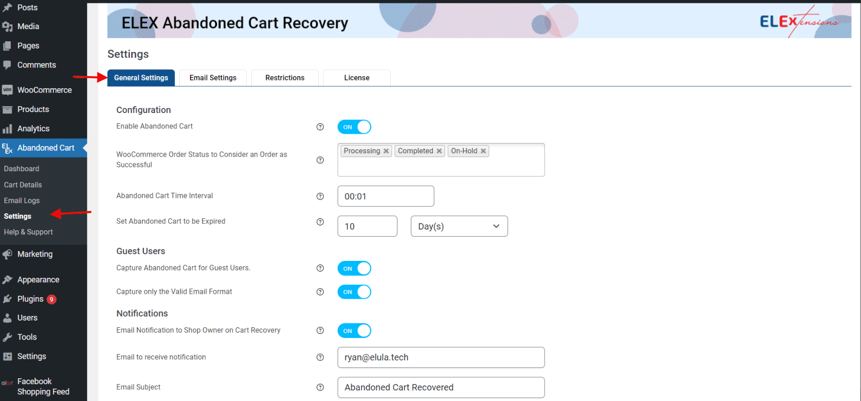 ELEX WooCommerce 废弃购物车恢复一般设置