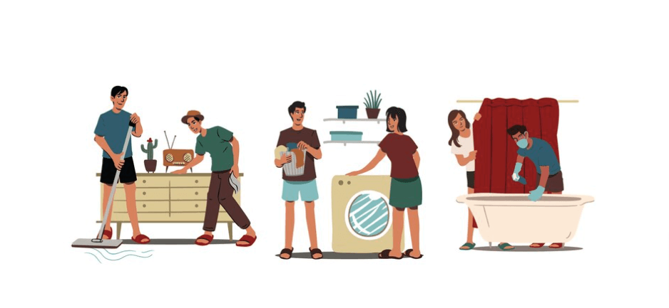 Esta captura de tela mostra um grupo de pessoas preparando eletrodomésticos para o dia de mercado escolar.
