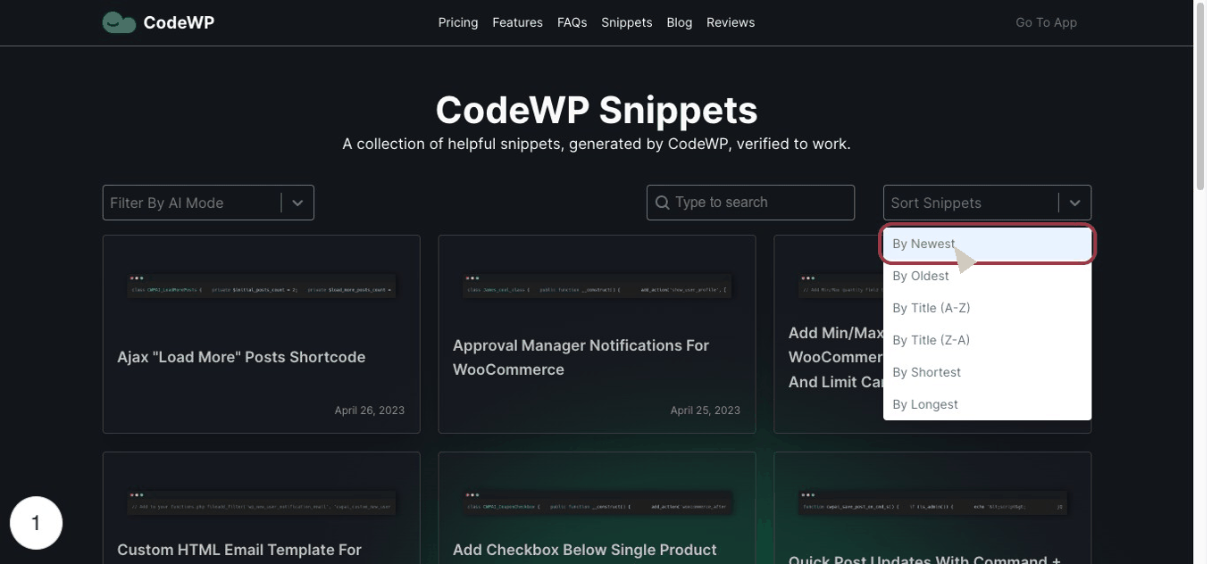 Navegando na biblioteca de trechos do CodeWP em busca de ferramentas generativas de IA
