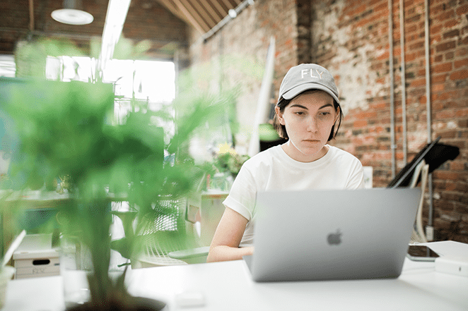 qualcuno che lavora su un articolo di lunga durata in wordpress su un laptop con una pianta in primo piano