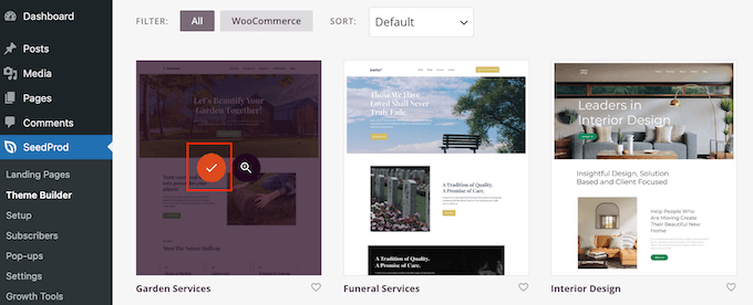 使用 SeedProd 选择网站模板套件 Choosing a website template kit using SeedProd