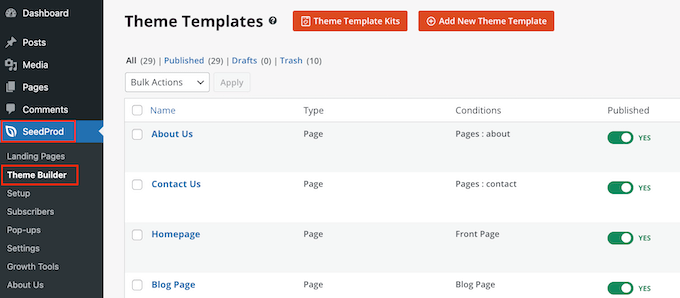 WordPress 仪表板中的模板套件部件列表 A list of template kit parts in the WordPress dashboard