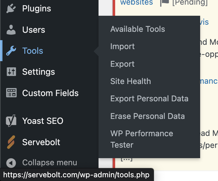 Acessando o relatório de integridade do site no WordPress